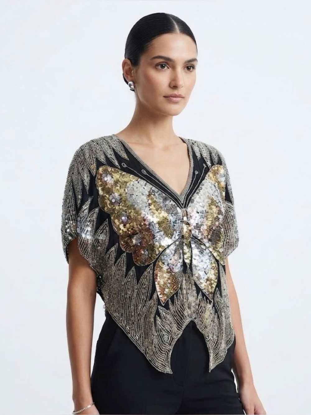 Vintage 100% Pure Silk Beaded Sequin Butterfly Top Blouse Black Silver Gold S/M